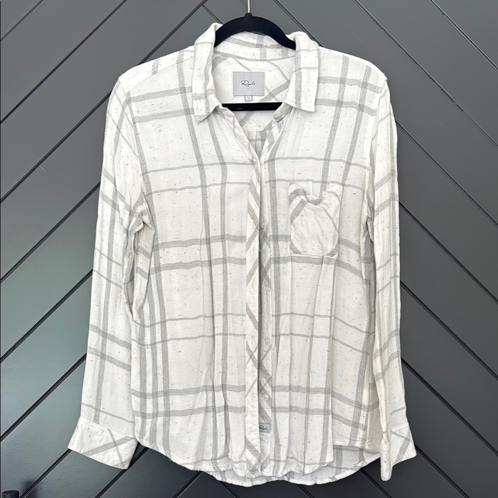 White and Gray Plaid Button-Up Shirt
